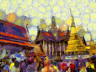 The grand palace, wat phra kaew bangkok thailand Illustrations creates an impressionist style of painting.