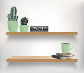 Vector wooden shelves with plants, books and alarm clock. Vector mockup for interior with shelves and light wall