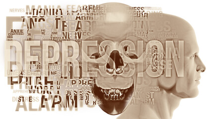 A side human figure surrounded their negative thoughts of depression. The spectre of a large skull overlaps numerous large semi-transparent depression topic related words.
