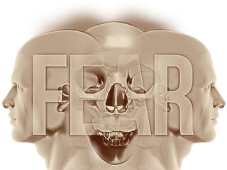 2 side human figures surrounded by their negative thoughts of death and dying. This spectre is represented by the overlapping large Human Skull. The word “FEAR” in large semi-transparent text.