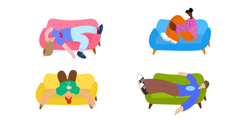 Apathetic young people lying on sofa.The concept of procrastination and apathy. Lazy people.Depressed.Flat illustration