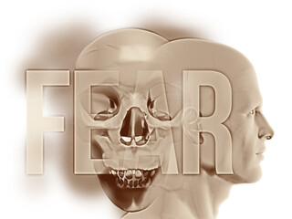 A side human figure surrounded their negative thoughts of death and dying. This spectre is represented by the overlapping large Human Skull. Overlaid is the word “FEAR” in large semi-transparent text 
