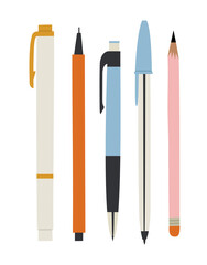 Vector illustration of pens and pencils, isolated on white. Hand-drawn set in flat style. The concept of objects for learning, office supplies, drawing.