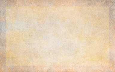 Old paper background illustration with soft blurred watercolor texture. Grunge template for design. Dirty aged surface. Yellow. Beige. Frame. Blank. Aged wallpaper for card. Handmade textured backdrop