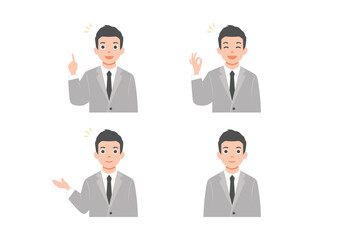 Fototapeta na wymiar Business man set with professional young male employee or teacher in different gestures and pose. Isolated on white background. Colorful vector illustration in flat style