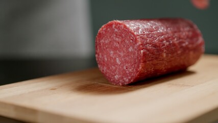 Salami Sausage On Wooden Board