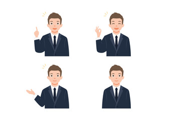 Business man set with professional young male employee or teacher in different gestures and pose.  Isolated on white background. Colorful vector illustration in flat style
