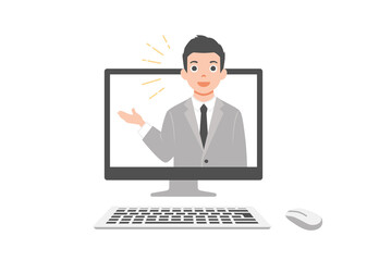 Business webinar consultant. Concept of distant online learning, conference and consultation. Office working. Isolated on white background. Colorful vector illustration in flat style