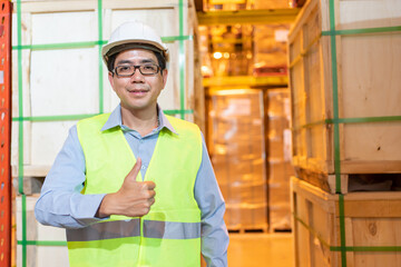 Working at warehouse. Portrait Manager asian man in safety with white hardhat standing with show thumbs up to look at the camera.Male asia engineer at large Warehouse  working happy  with goods