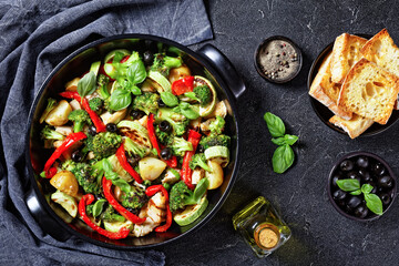 Vegetable and chicken bake, top view, close-up