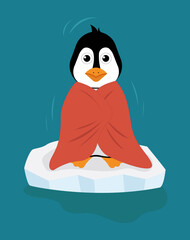 Cute penguin in a red blanket on a drifting ice floe © Elena
