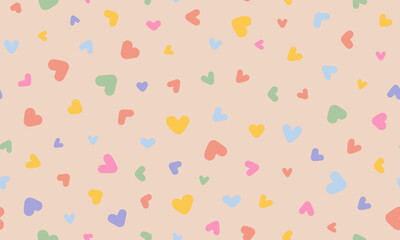 Cute colorful vector hearts seamless repeat pattern. Pastel random placed love elements all over surface print on beige background.