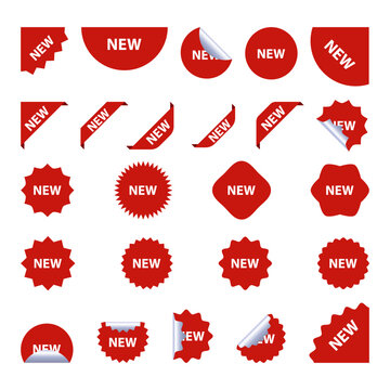 New tag red sign - concept stiker label set. Discount sale price tags labels stikers. Icons isolated. Flat design style. Icon set. Sale, Big Sale, Winter, Autumn, Spring, Summer, Season, New sales.
