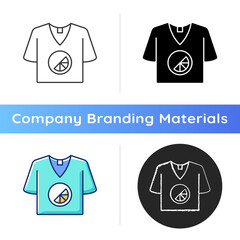 Branded t shirt icon. Creating own merch to advertise company. Marketing company plan. Designing stylish clothes. Linear black and RGB color styles. Isolated vector illustrations