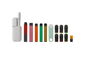 Pictured are assorted disposable e-cigarettes, isolated on a white background
