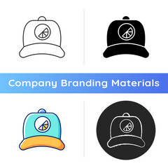 Branded cap icon. Stylish soft and flat headgear. Creating unique accessories for everyday usage. Modern looking clothes. Linear black and RGB color styles. Isolated vector illustrations