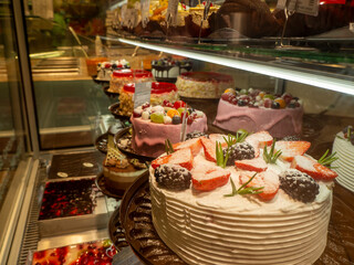 Shop counter showcase sponge cake sweet cream