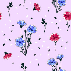 Decorative floral seamless pattern with blue, red, burgundy petunia and leaves. Blooming gentle botanical background.
