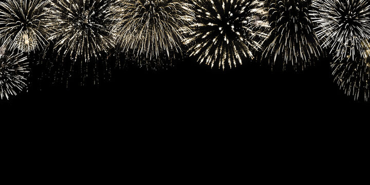 Golden fireworks frame black night sky background, gold colorful firecracker border, yellow salute backdrop, holiday banner, celebration pattern, festive lights decoration, design element, copy space