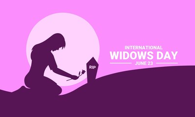 Vector illustration of a woman putting flowers on her husband's tombstone as a banner, poster or template on international widows day.