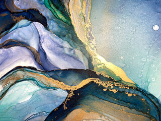 Abstract blue with green background. Beautiful pleats and stains made with alcohol ink and gold...