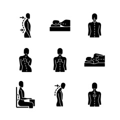 Back and posture problems black glyph icons set on white space. Lumbar lordosis. Incorrect sleeping position. Neck pain. Sideways curve. Silhouette symbols. Vector isolated illustration - obrazy, fototapety, plakaty