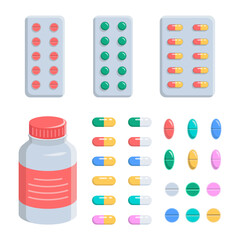 Pills, capsules, vitamins, pain and antidepressants in blisters and in a jar. Set is medical, pharmacy, hospital. Isolated vector illustration on white background. Cartoon flat style.