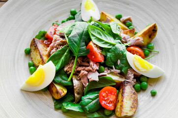 Tuna salad with lettuce, eggs and tomatoes.