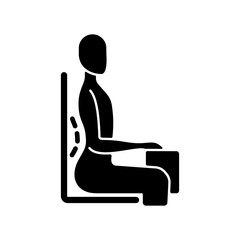 Fototapeta premium Unnatural sitting position black glyph icon. Increased lumbar lordosis posture. 90-degree angle chair. Muscles stress and strain. Silhouette symbol on white space. Vector isolated illustration