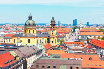 Fototapeta na wymiar Panoramic view of Theatine Church and Odeonsplatz in Munich Germany . Central city view of capital and most populous city of Bavaria