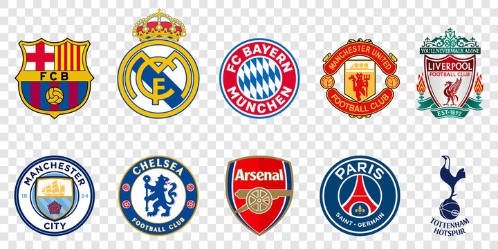 Vinnytsia, Ukraine - May 19, 2021 Top 10 Football Clubs In The World In 2021 Isolated On Transparent Background. FC Barcelona, Real Madrid CF, Bayern Munich, Manchester United, Liverpool And Others