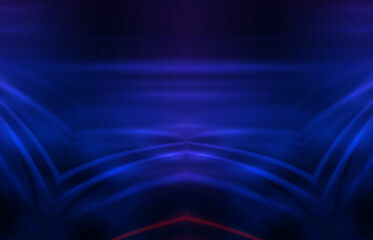 Empty dark abstract background with ultraviolet geometric lines. Neon glow.
