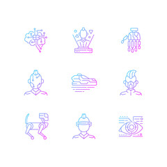 Cyberpunk attributes gradient linear vector icons set. Bionic limb. Futuristic technology. Cyborg body augmentation. Thin line contour symbols bundle. Isolated vector outline illustrations collection