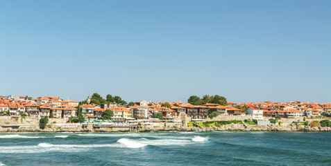 Fragment of the old town of Sozopol, Bulgaria.  View of the bay on the Black Sea in the town of Sozopol.
