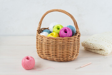 Multicolored threads for knitting in a basket.