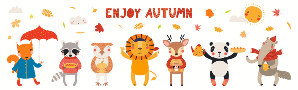 Cute little animals, falling leaves, quote Emjoy Autumn, isolated on white. Hand drawn vector illustration. Scandinavian style flat design. Concept for kids fashion, textile print, poster, card.
