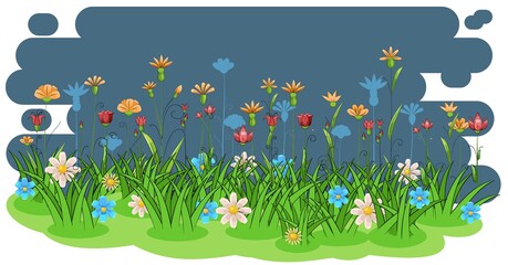Blooming meadow with grass, flowers. Green night landscape. Cartoon style. Fabulous vector illustration. Background image isolated on white. Beautiful natural view. Wild plants. Rural scene. Summer
