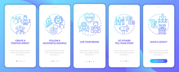 Fototapeta premium Personal branding tips blue onboarding mobile app page screen with concepts. Authority promotion walkthrough 5 steps graphic instructions. UI, UX, GUI vector template with linear color illustrations