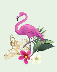 Flamingo with flowers, isolated vector illustration