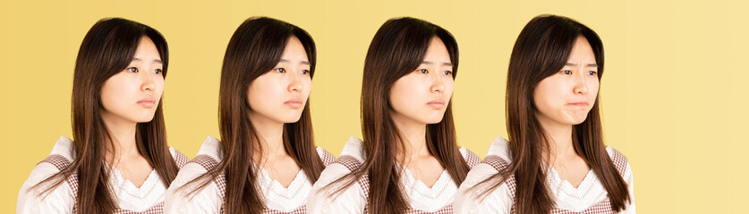 Evolution of emotions. Asian young woman's portrait on yellow studio background. Concept of human emotions, facial expression, youth, sales, ad.