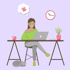 Girl sitting at the table looking on computer, working or doing online shopping, thinking bubble with women's clothing. Cozy atmosphere, modern furniture, cup of hot tea, book and home plant. Vector