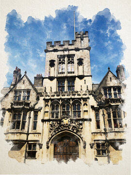 Oxford dark building in watercolor