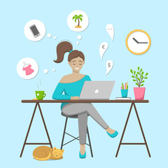 Girl sitting at the table looking on computer, working at home and dreaming about shopping, new phone and vacation. Cozy atmosphere, modern furniture, cup of hot tea, book, pencils, home plant and cat