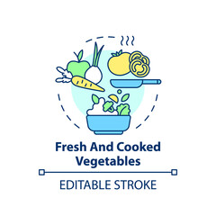Fresh and cooked vegetables concept icon. Natural grown foods. Vegetarian meals during school lunch idea thin line illustration. Vector isolated outline RGB color drawing. Editable stroke