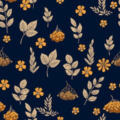 Obraz premium Branches and fruits of mountain ash. Seamless pattern for wallpaper and fabric. Background illustration. Hand drawing outline. Flowering of garden plants. Abstract plant picture. Vector