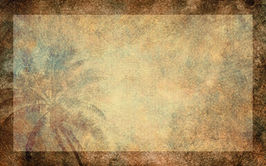 Old paper background illustration with soft blurred watercolor texture. Grunge template for design. Dirty aged surface. Travel. Palma. Frame. Blank. Aged wallpaper for card. Handmade textured backdrop