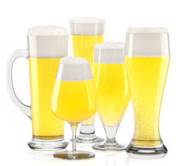Set of fresh light beer glasses with bubble froth isolated on white background.