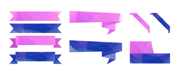Group of ribbons, low polygonal vector labels. Purple and blue banners from triangles