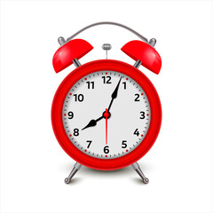 Red alarm clock set at one close-up. 