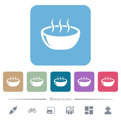 Glossy steaming bowl flat icons on color rounded square backgrounds